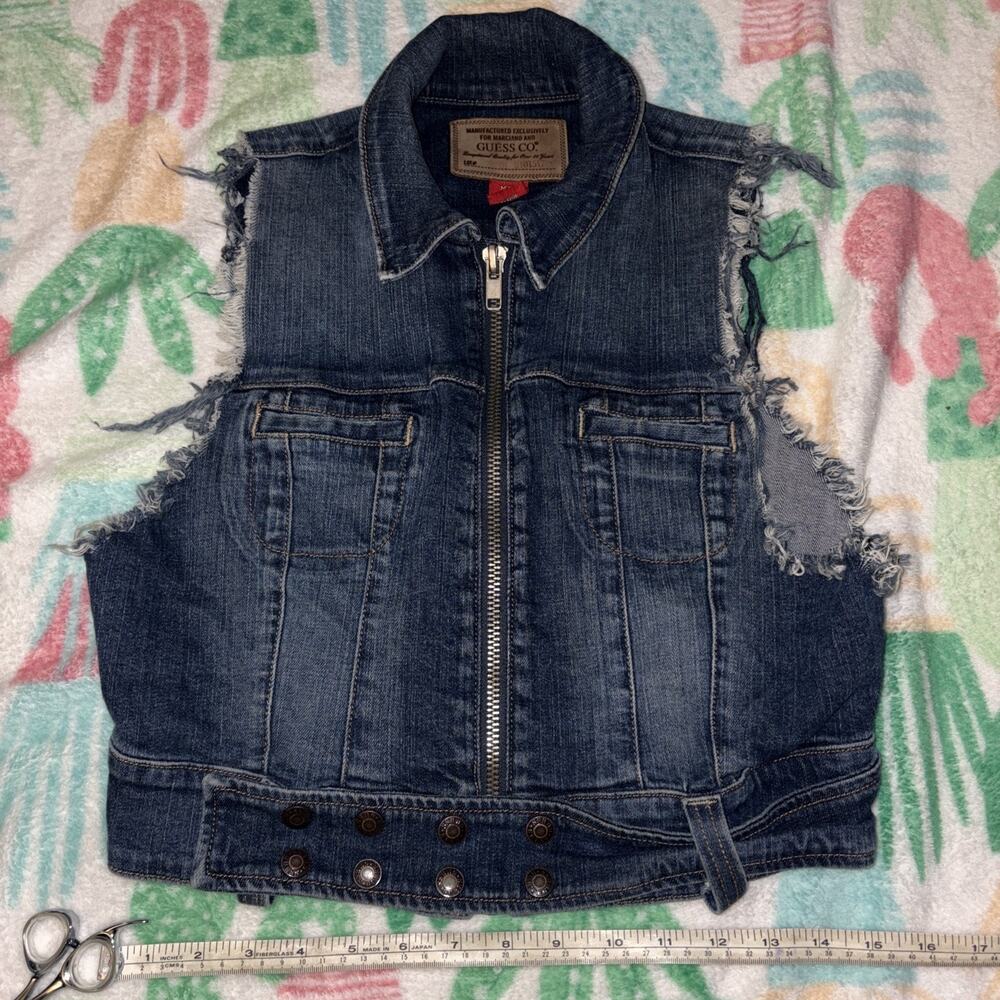 Guess Womens Denim Vest Jean Jacket Blue Stretch M Zip Front Pockets Collar